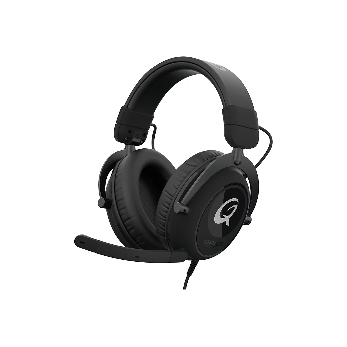 Schwarzes Gaming-Headset mit Mikrofon, weiÃŸer Hintergrund. Auf den Ohrmuscheln befindet sich ein Logo.