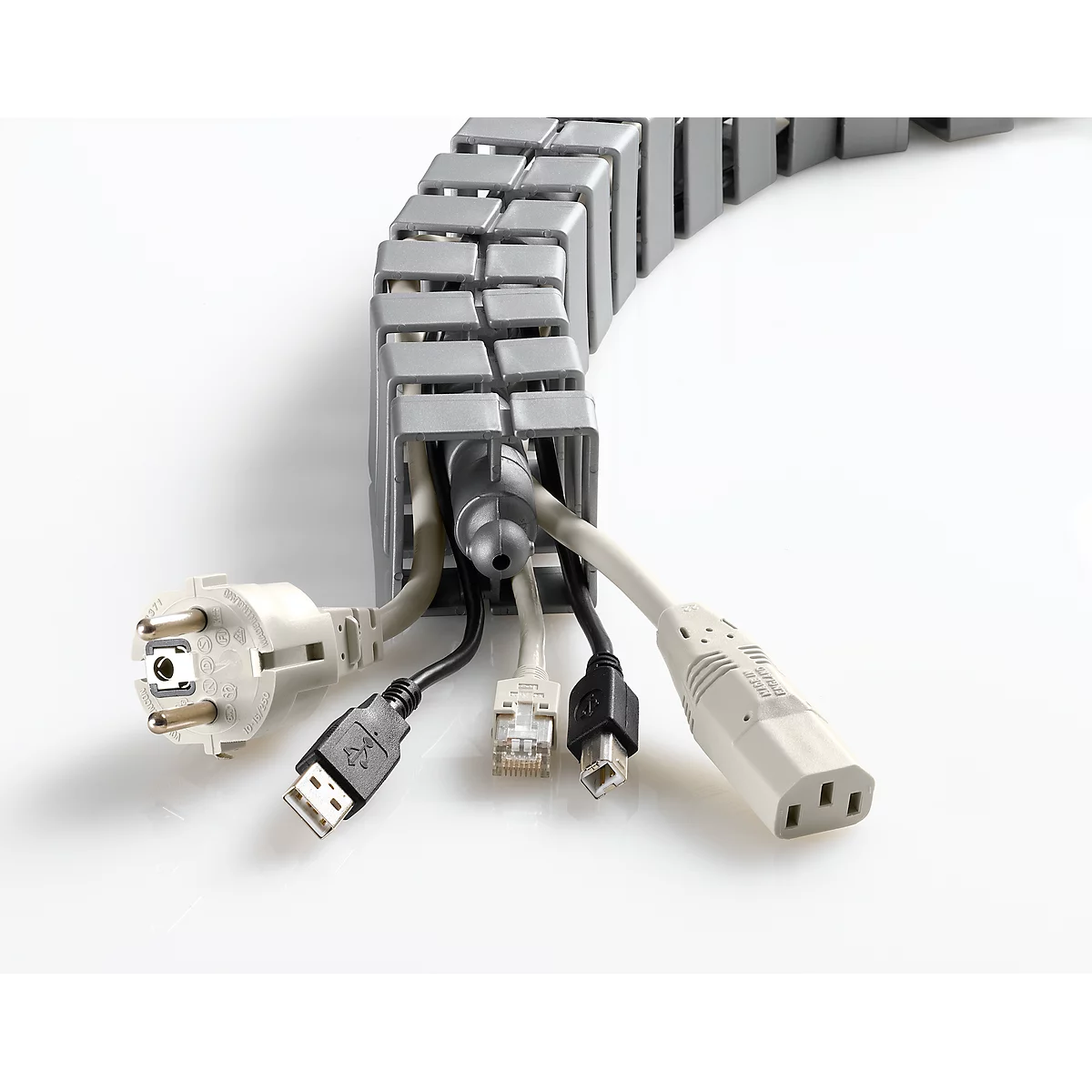 Grey cable management system with various cables and plugs, like USB, Ethernet, and power, on a white background.
