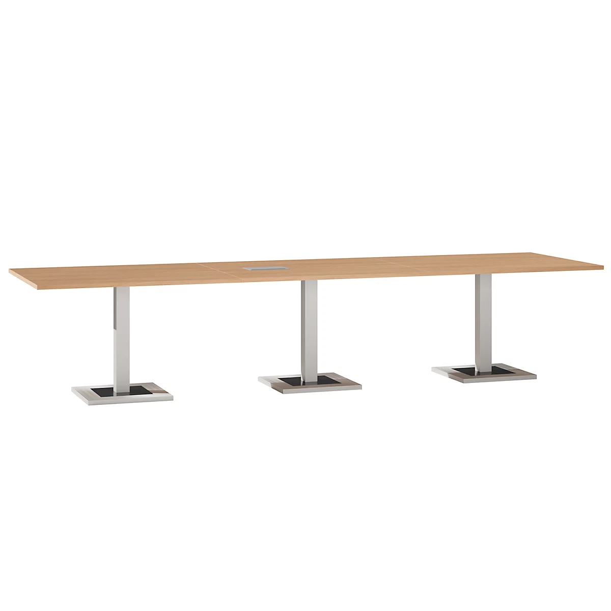 Long conference table with light wood top. Three metal legs, square feet.