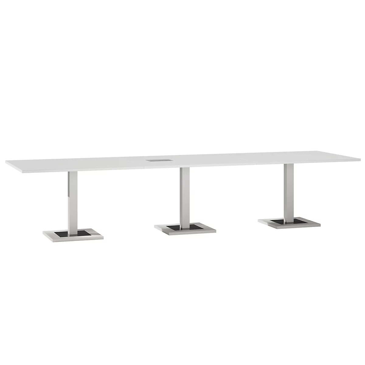 White rectangular table on three metal columns with black square bases.