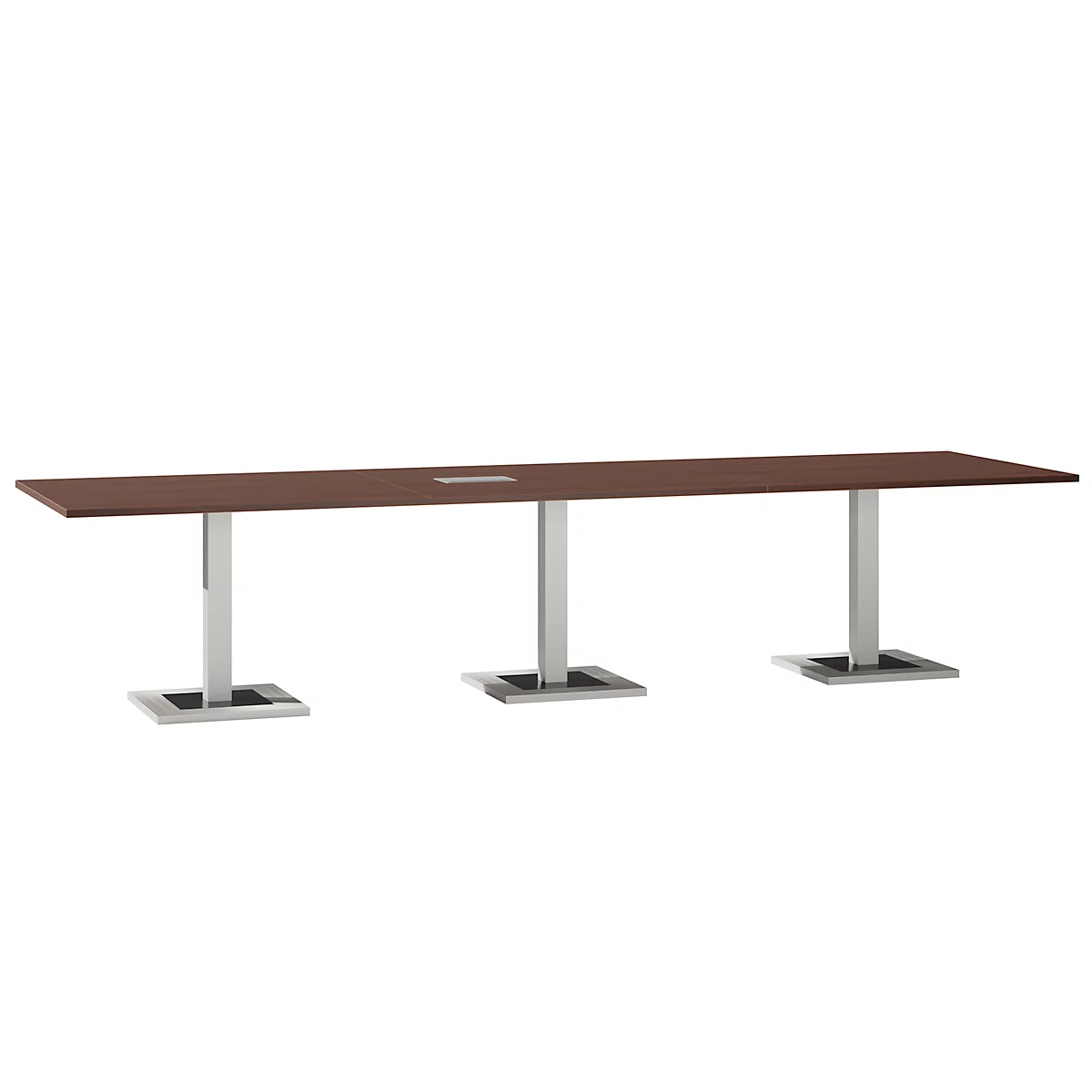 Long, rectangular conference table. The tabletop is brown, standing on three silver columns with square bases.