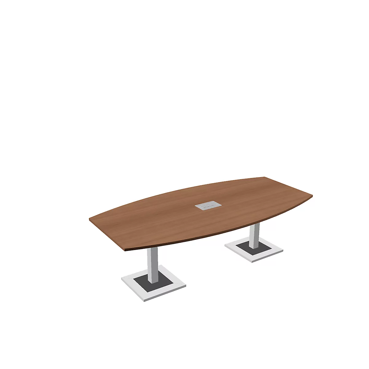 A brown, oval conference table with silver legs. In the middle a silver recess.