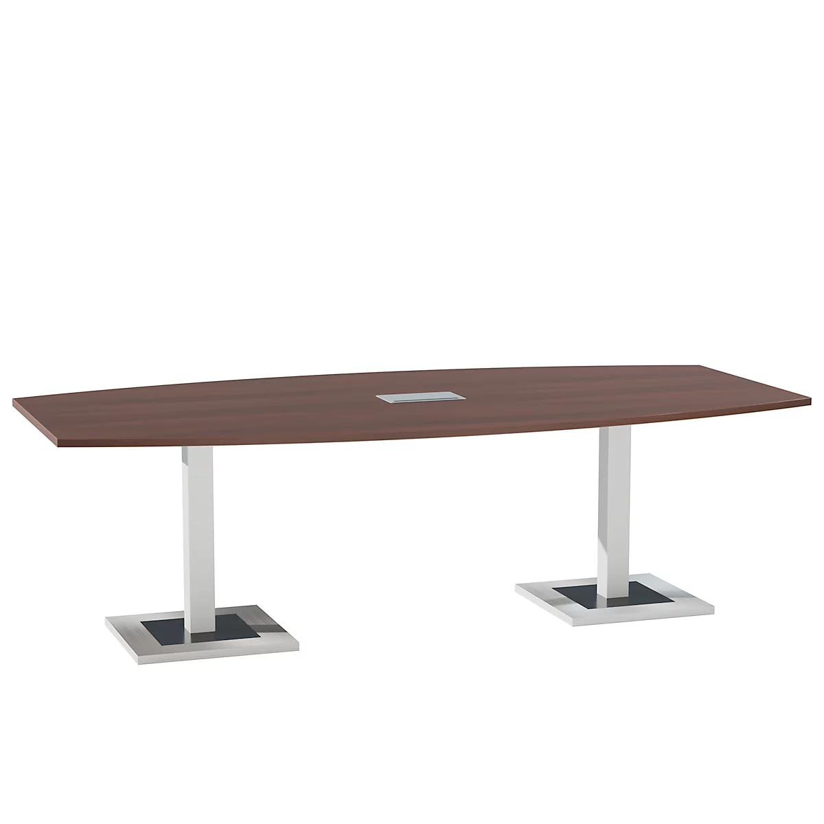 A brown conference table with silver legs, set against a white background.
