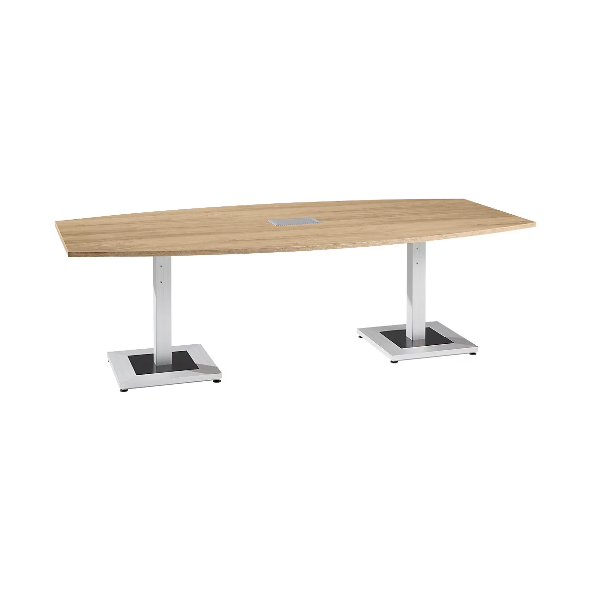 An oval wooden table with two metal legs.