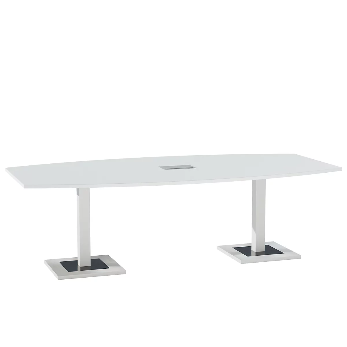 White conference table, oval shaped, two metal legs, with opening in the middle.