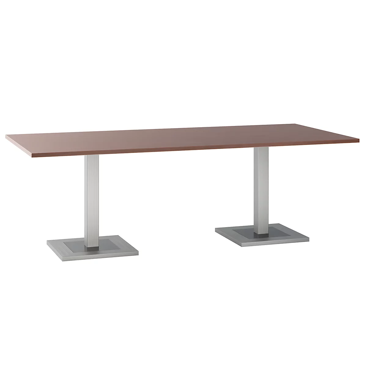A rectangular table with a brown tabletop and two square metal legs.