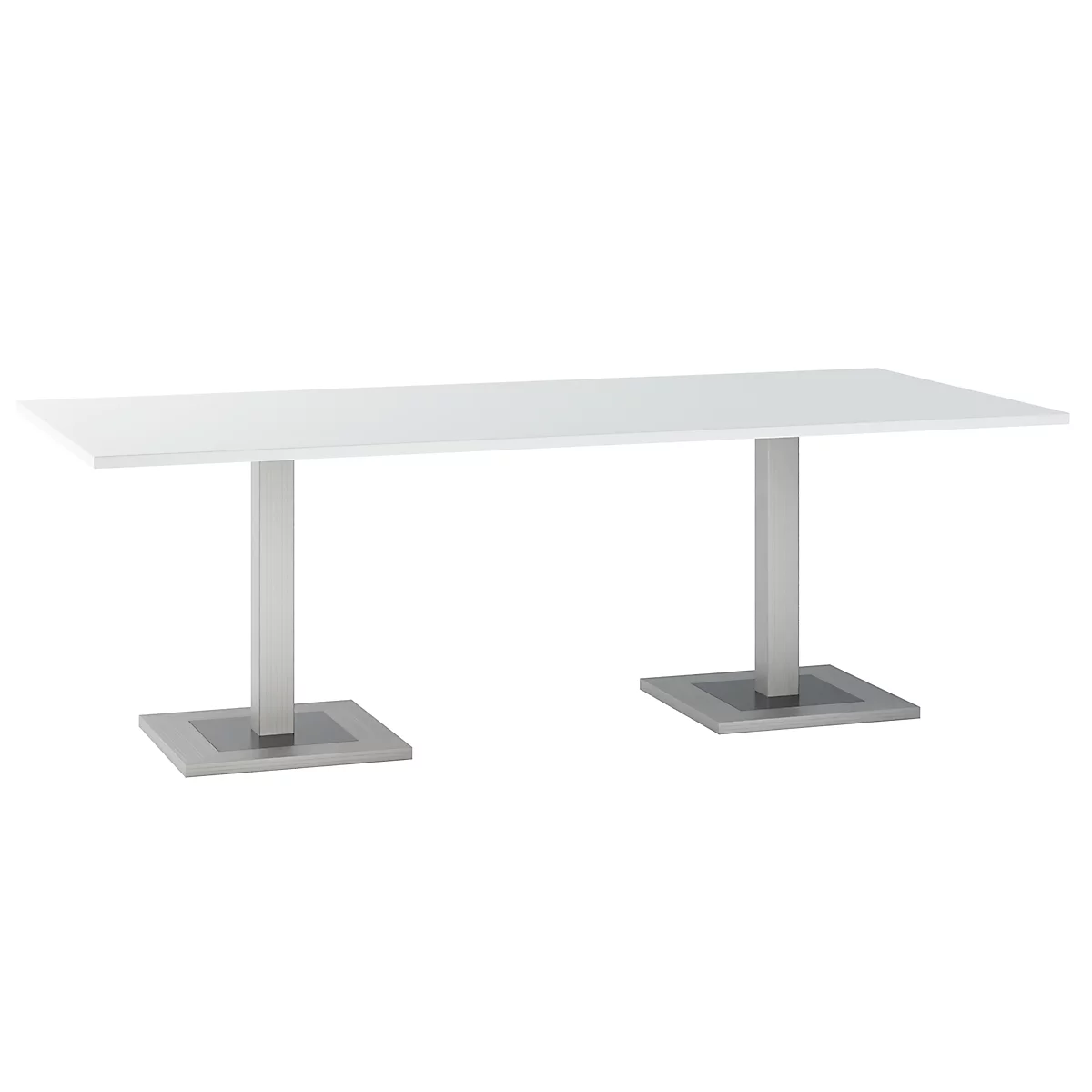 White rectangular table with two metal square feet.