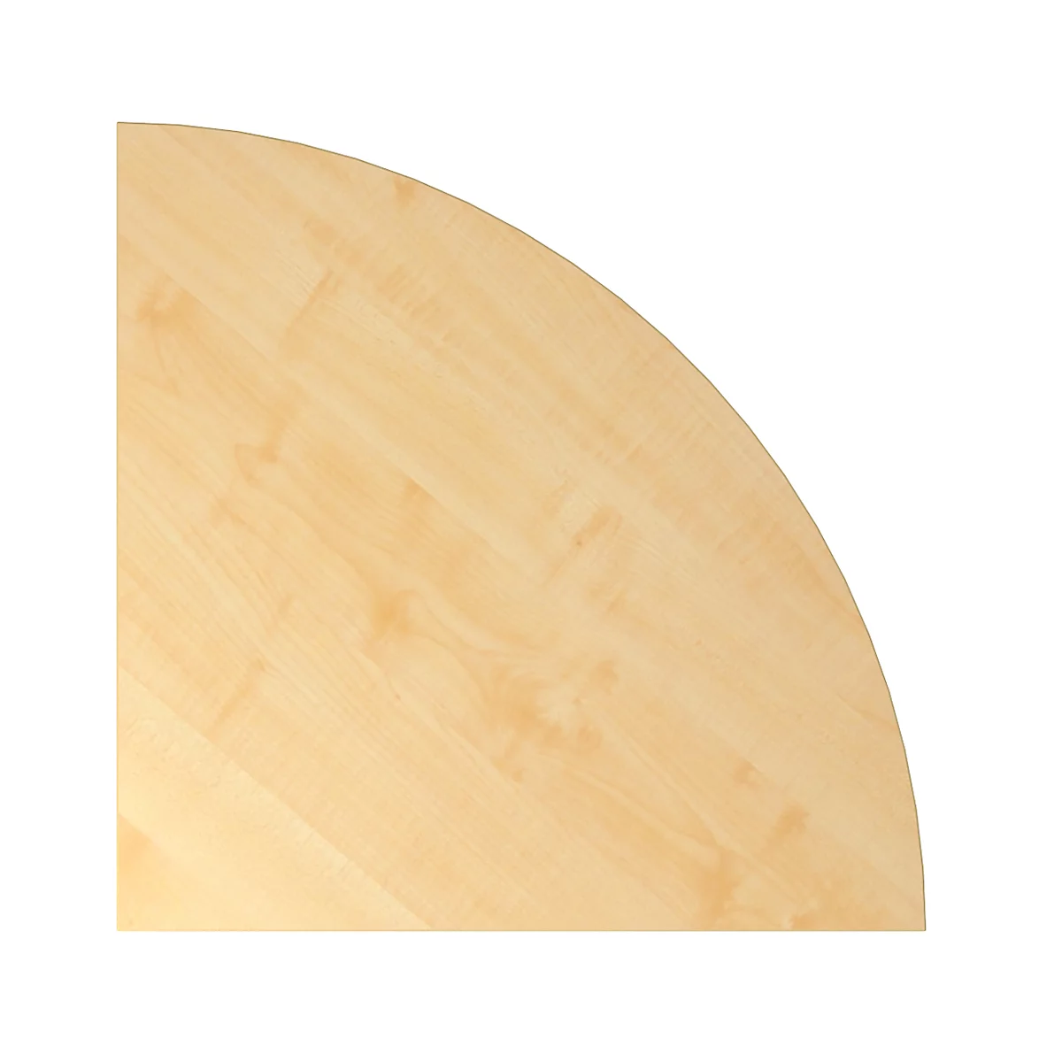 Close-up of a light wood table top, one corner showing a gently rounded shape.