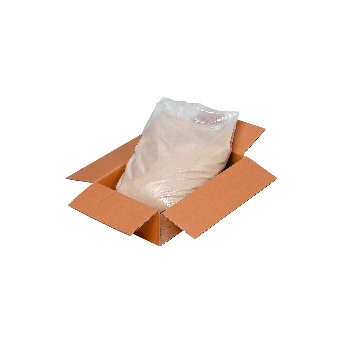 A brown cardboard box filled with a plastic bag containing a brown powder.