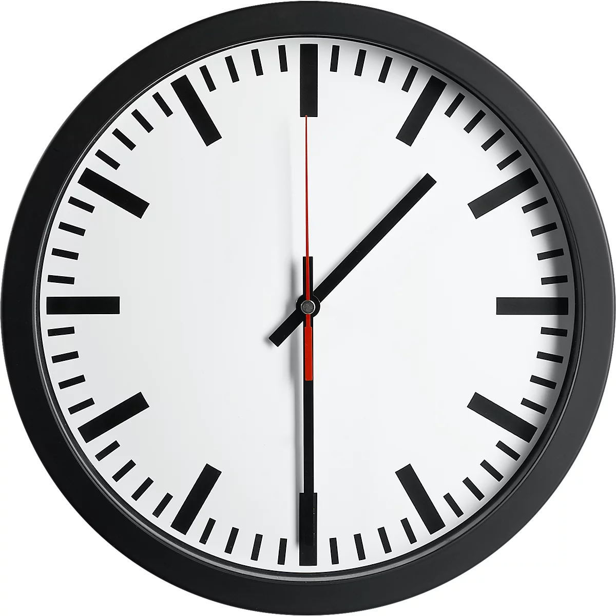 Black wall clock showing 1:06. Black frame, white face, red second hand.