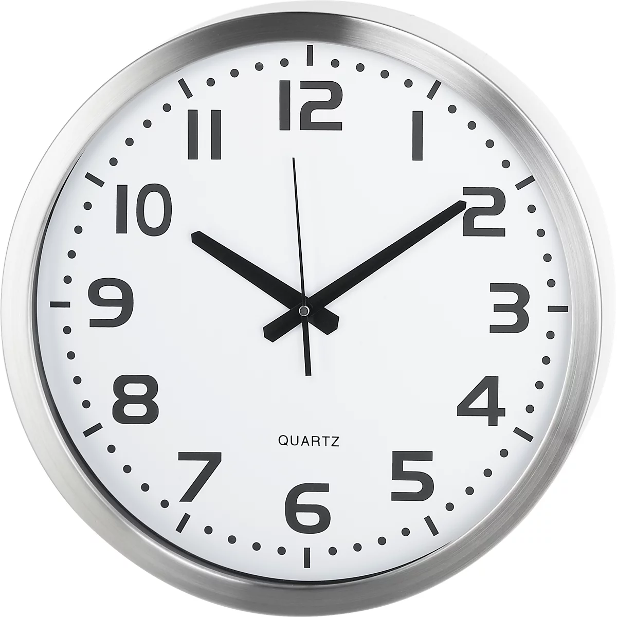 A silver wall clock with a black dial. The hands are pointing to 10:10. "QUARTZ" is written on the dial.