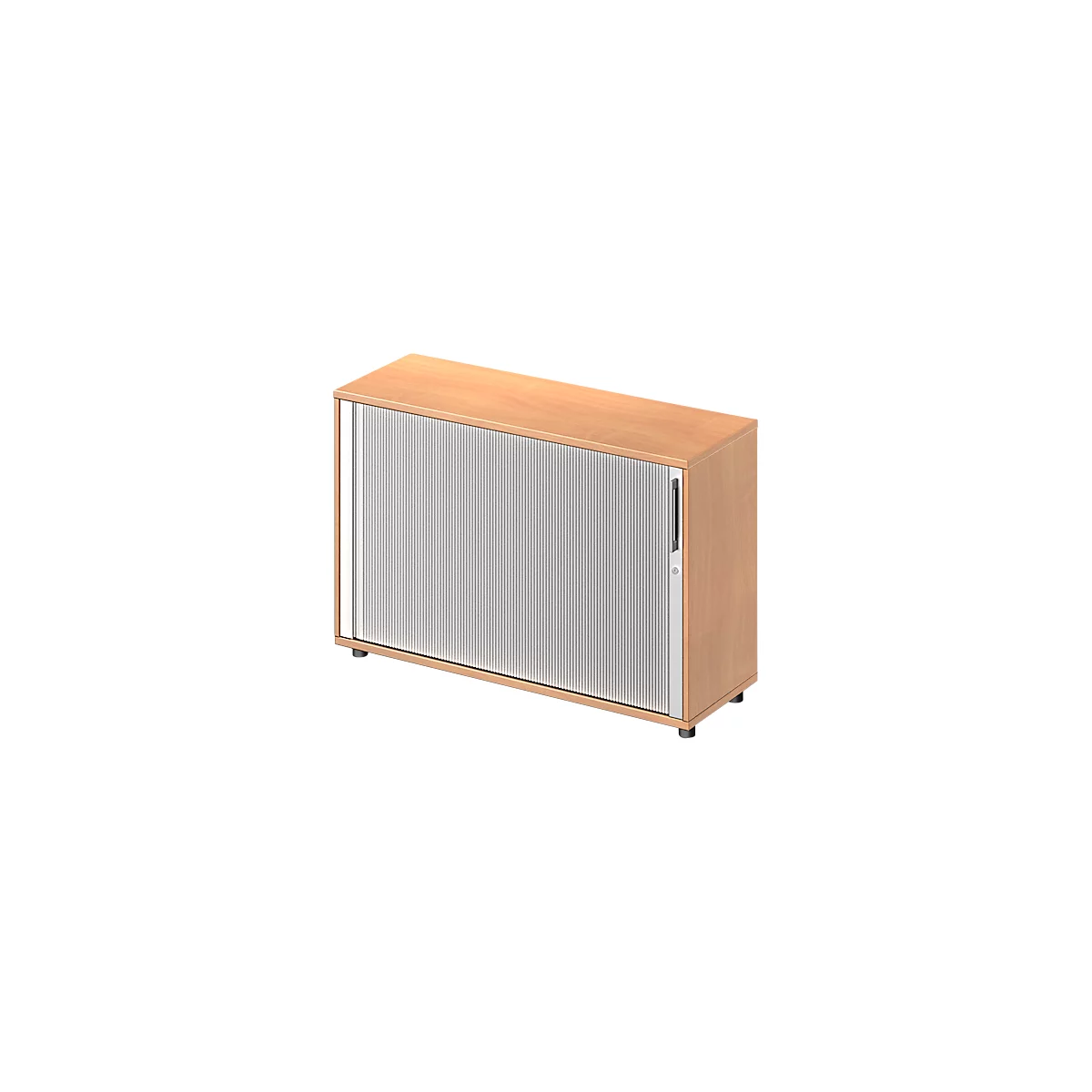 Ein Schrank aus hellem Holz mit geriffelten Schiebetüren. Griff und Füße in dunklem Metall.