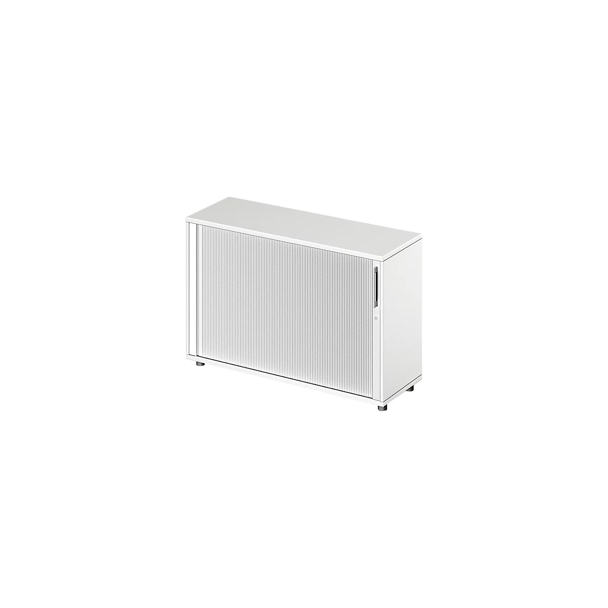 Weißer Schrank mit Lamellentür und Griff.