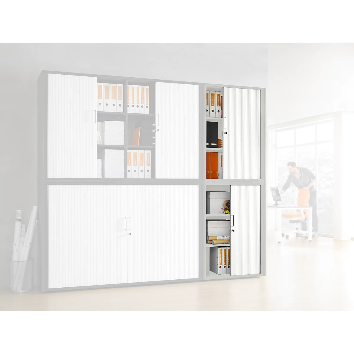 Querrollladenschrank, zweiteilig, B 1000 mm, 6 OH, lichtgrau