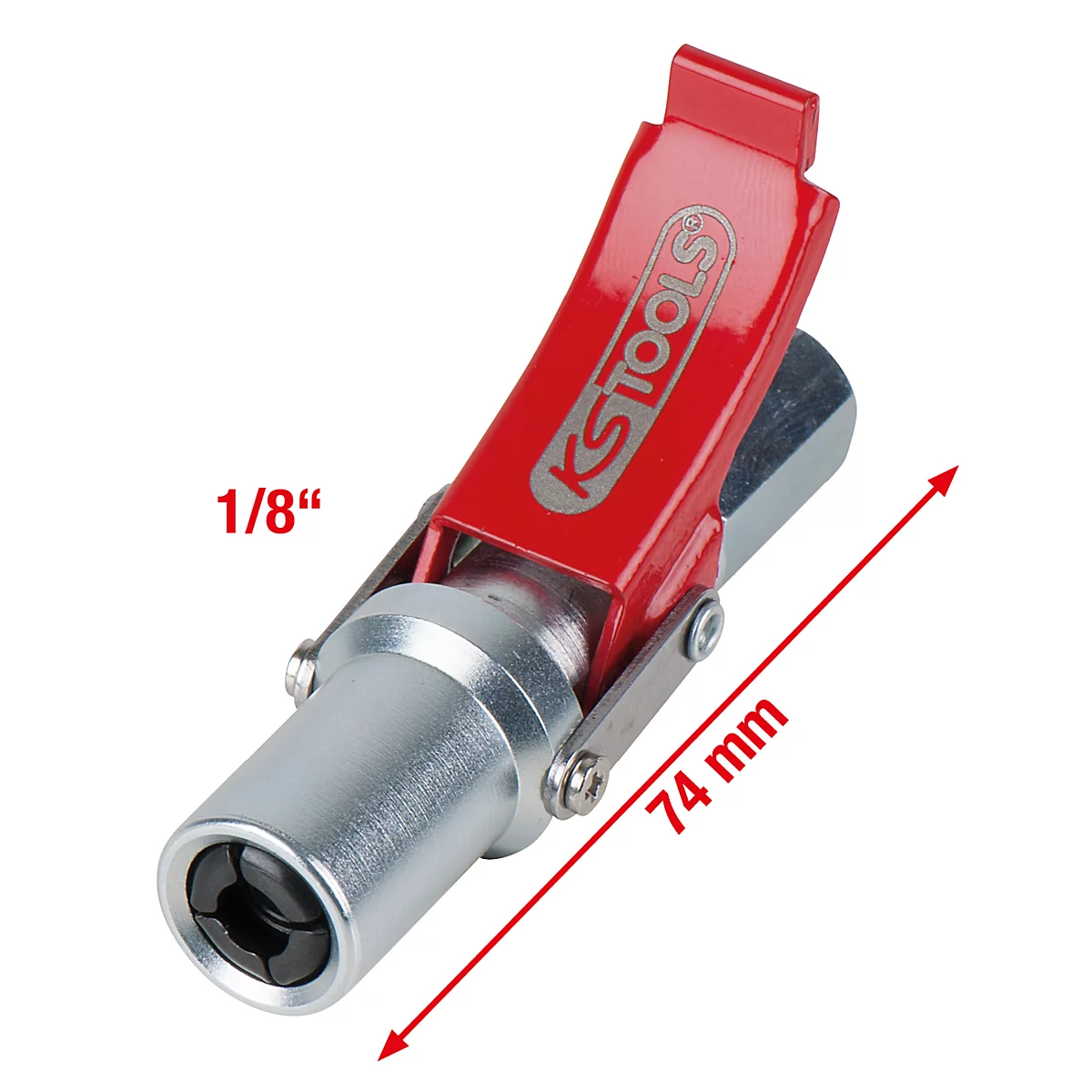 Ein rotes KS TOOLS Werkzeug mit silbernen Elementen und der Aufschrift 1/8 und 74 mm.