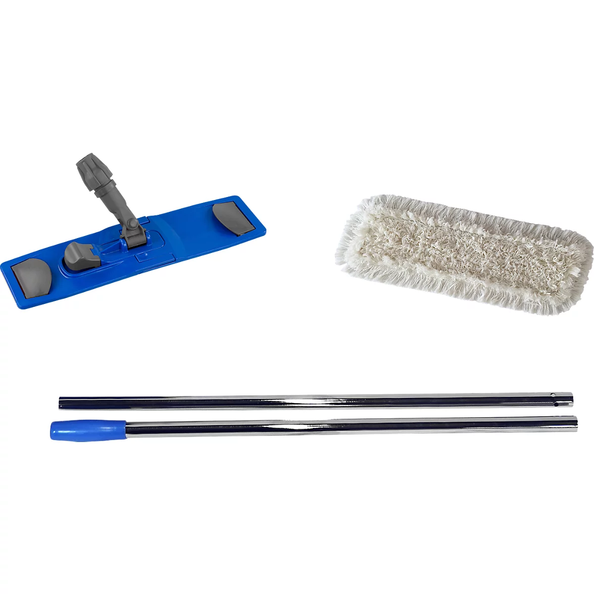 Different parts of a blue mop on a white background. The mop head, handle, and wiping cloth are pictured.