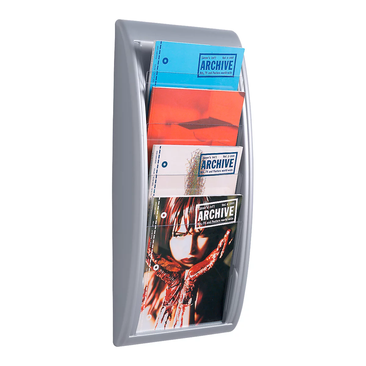 Grey brochure holder with four compartments, filled with brochures. The brochures say "ARCHIVE".