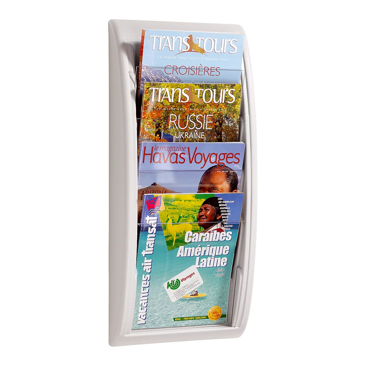 A white brochure holder filled with travel brochures, including 'Trans Tours' and 'Havas Voyages'.