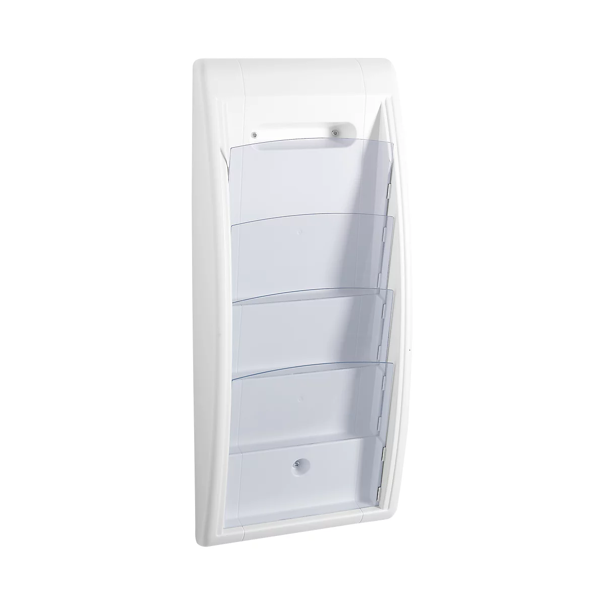 White wall-mounted brochure holder with transparent compartments.