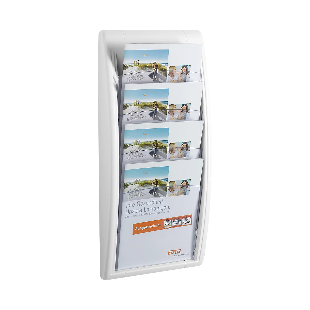 White brochure holder with brochures. The brochures show pictures of women and text. At the bottom it says "Your Health, Our Services".