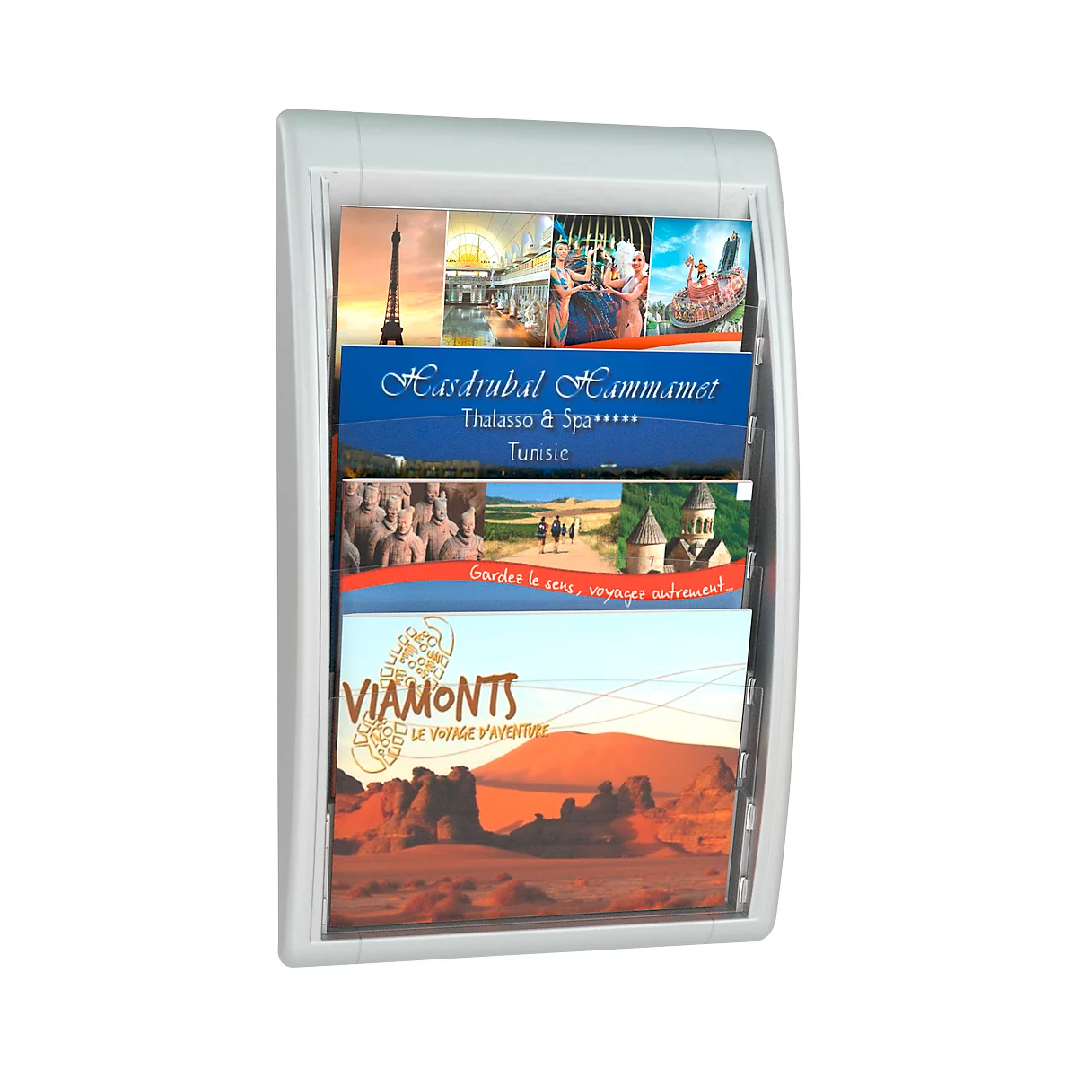 White brochure holder with colorful brochures. Brochures show travel destinations such as the Eiffel Tower and desert landscapes.