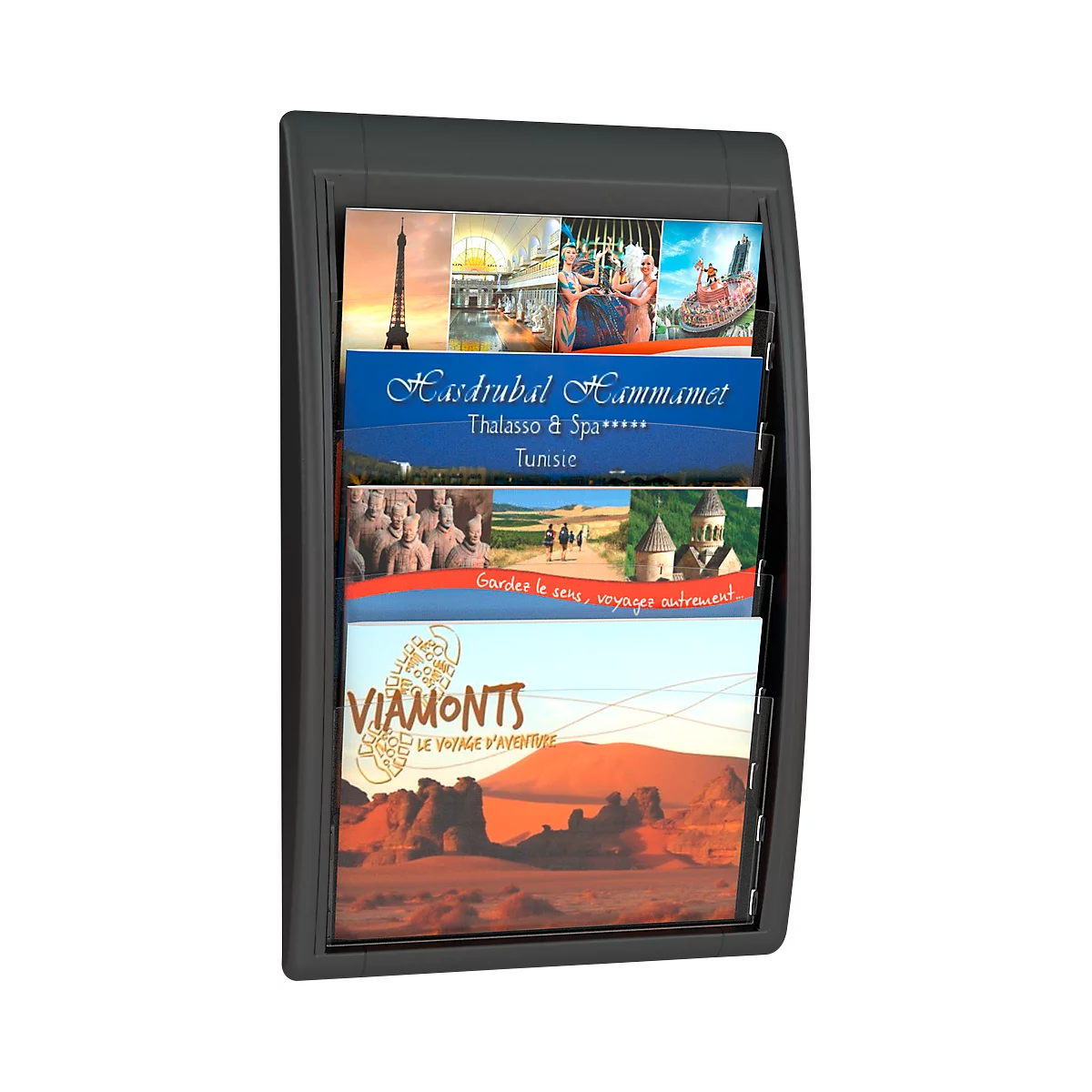 Black brochure holder with travel brochures; Eiffel Tower, Tunisian destinations, and desert landscape.
