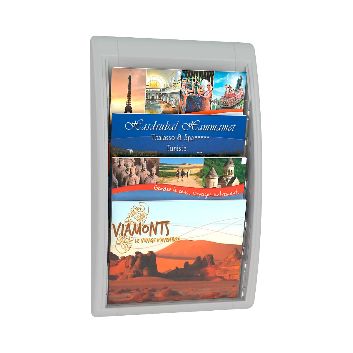 Gray brochure holder with four brochures showing travel destinations.