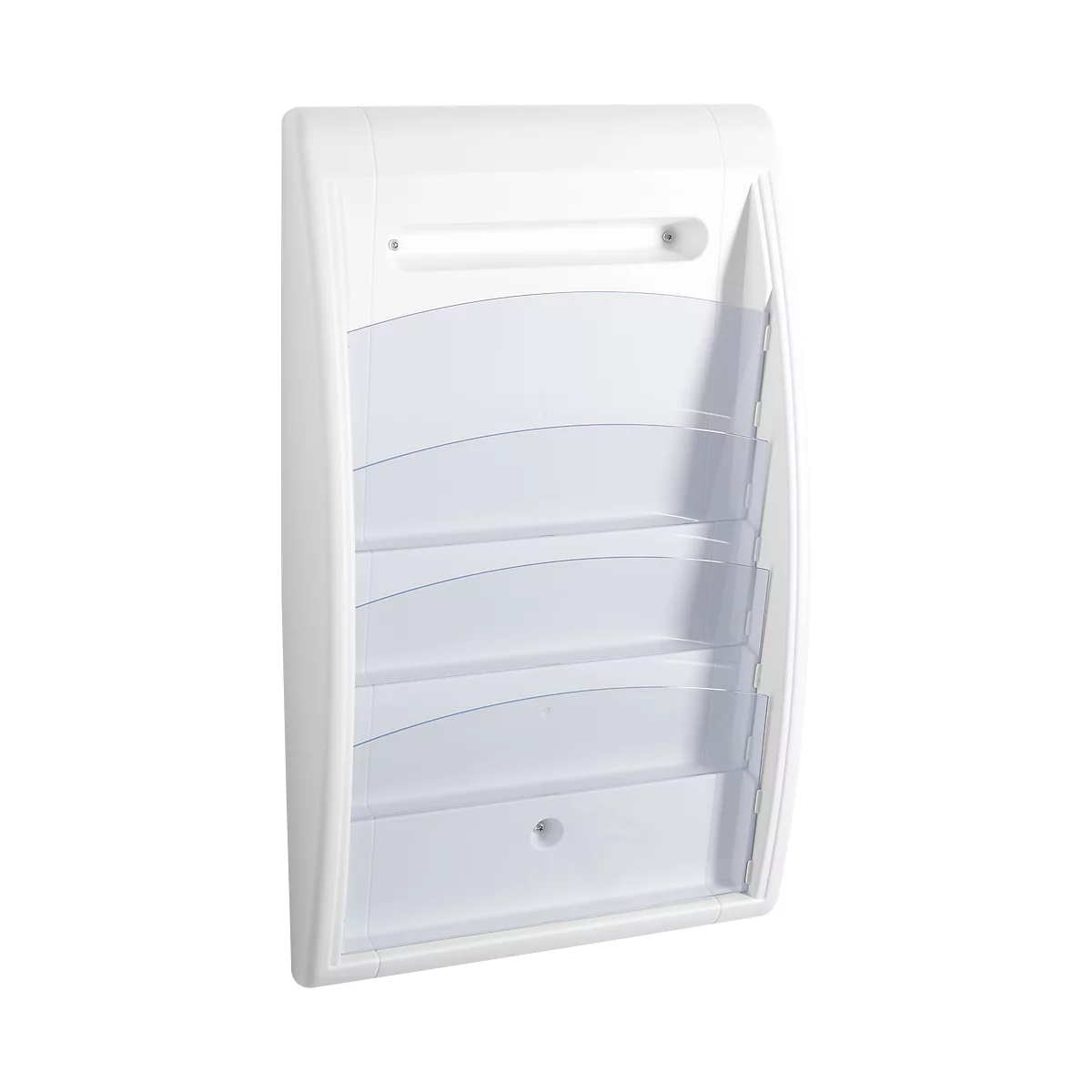 White wall mount with several transparent plastic compartments. There is a slot at the top.