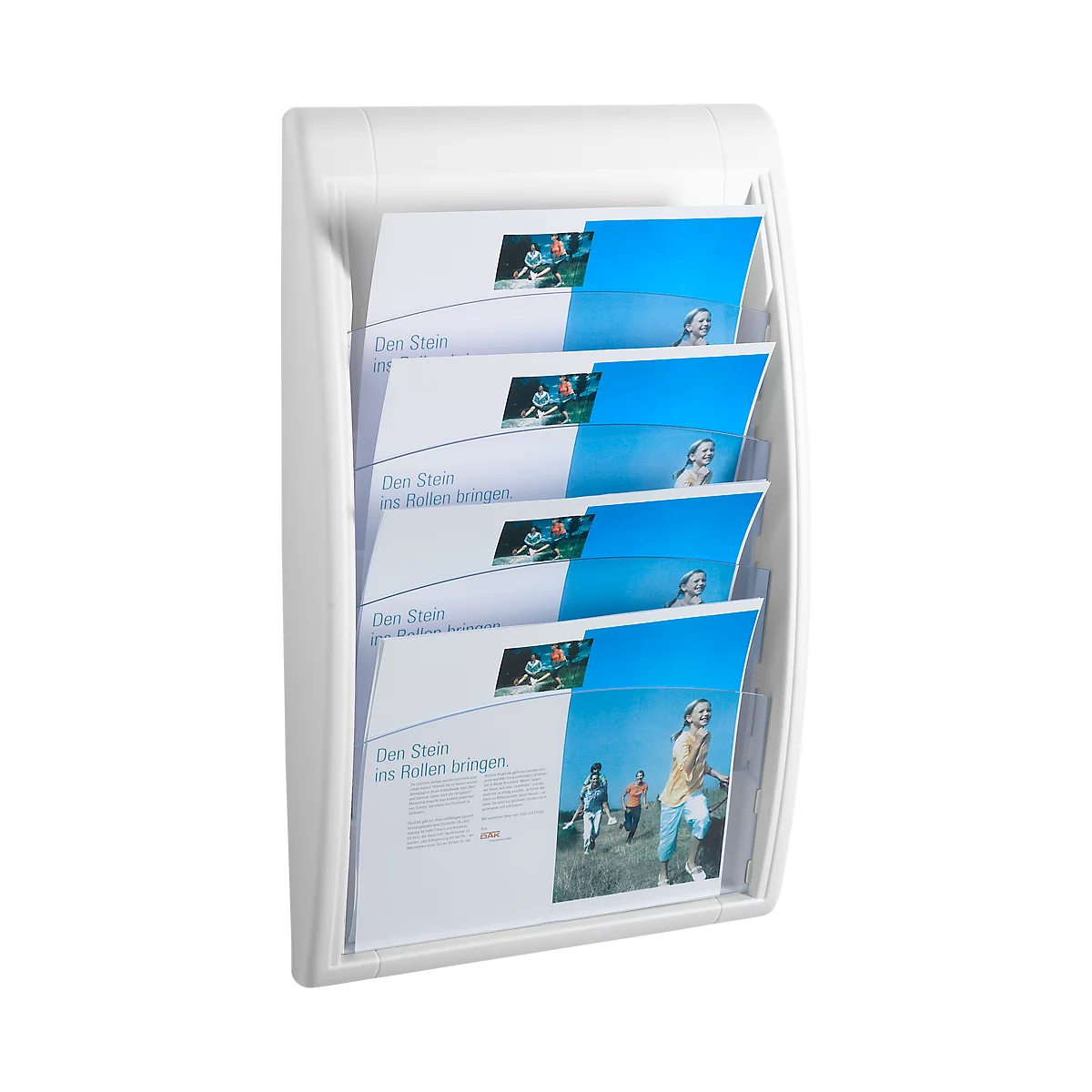 White brochure holder filled with flyers. Print: "Get the ball rolling".