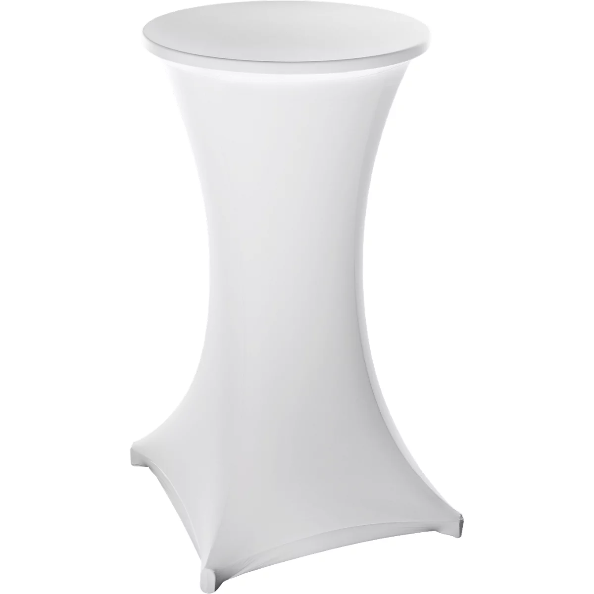 Tall, white high table with a curved shape. Round tabletop, fabric cover, square base.