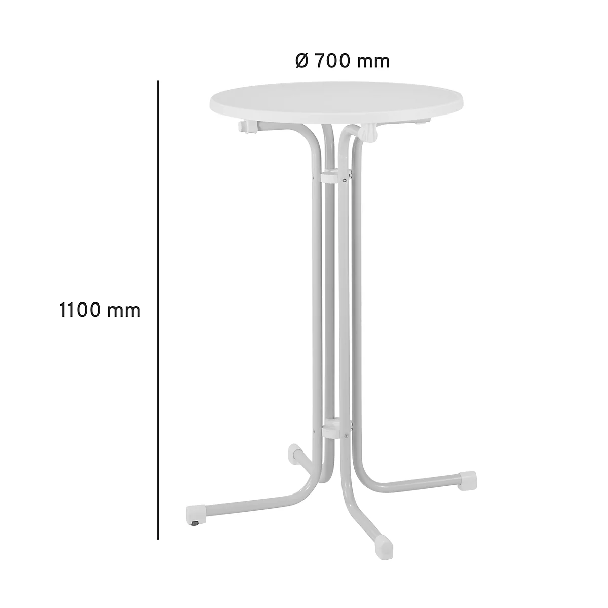 White, round high table, 700mm diameter, height 1100mm. Construction with three legs and central bar.