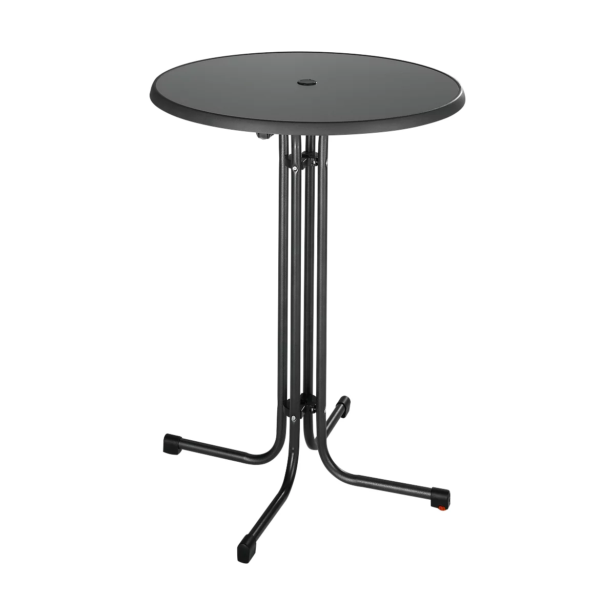 Grey high table with round table top and slim metal legs. The surface has a small hole in the middle.