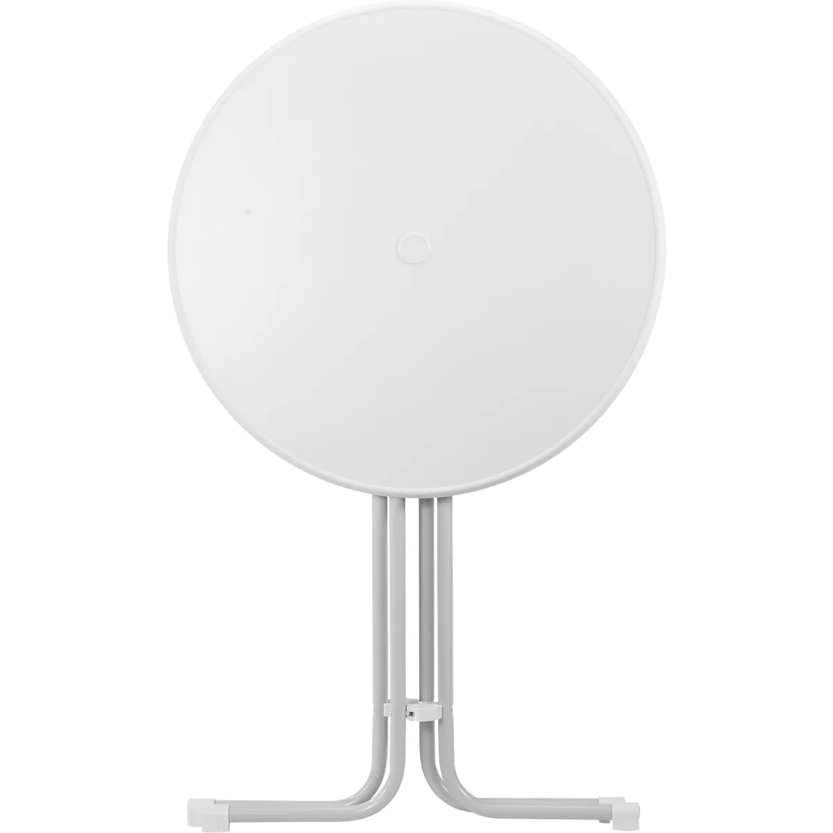 White round folding table. Tabletop with central point, metal legs.