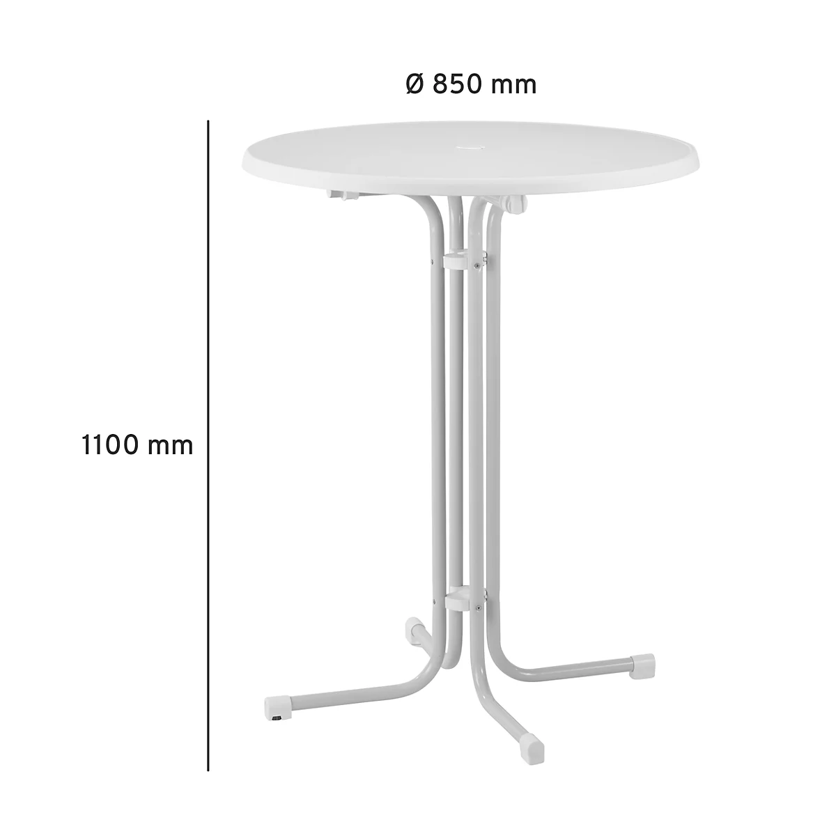 White high table. Round table top, diameter 850 mm. Metal frame and feet, height 1100 mm.