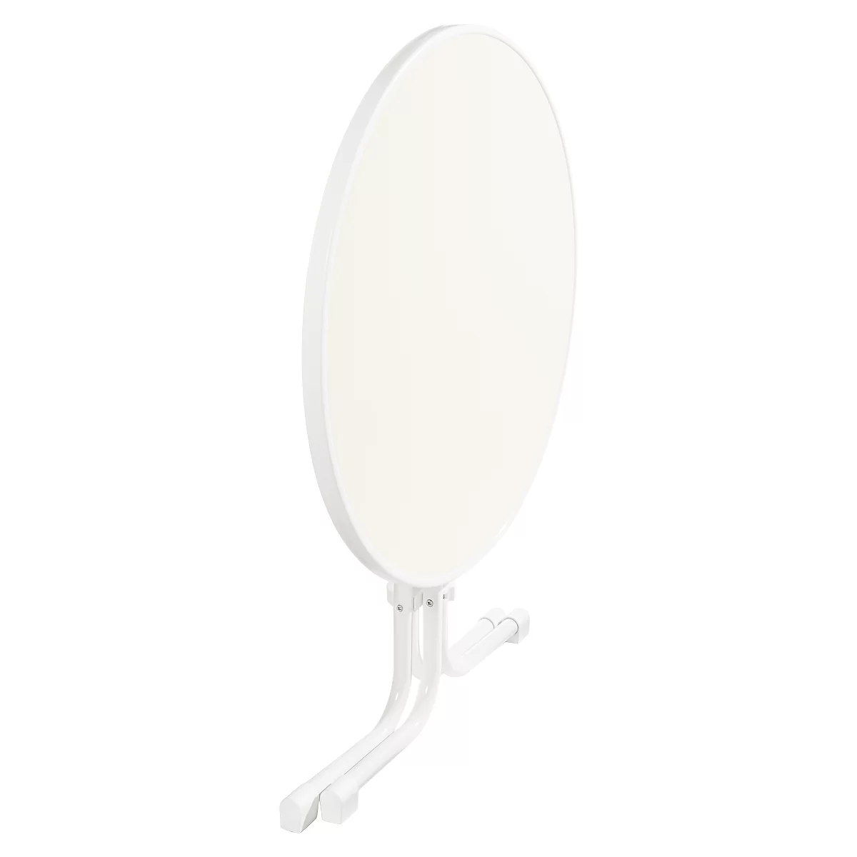 A freestanding, white table with a round tabletop. The table legs are made of curved metal tubes.