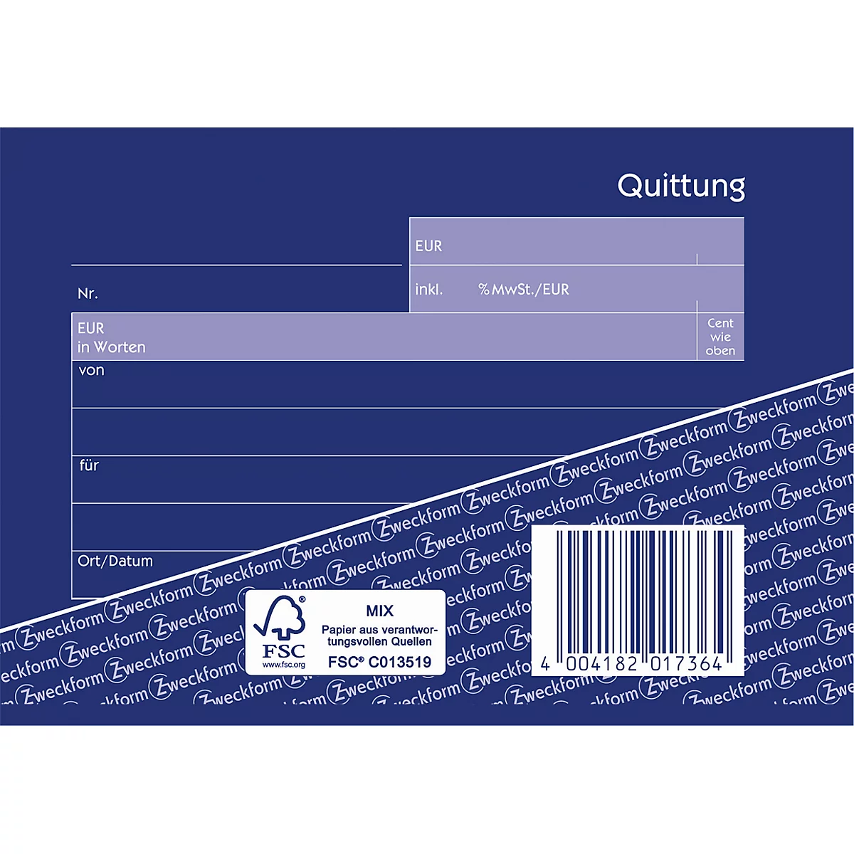 Quittung Avery Zweckform 1736-5, inkl. MwSt., A6 Querformat, 5 Blöcke mit jeweils 2 x 40 Blatt, FSC®-Papier, weiß/gelb