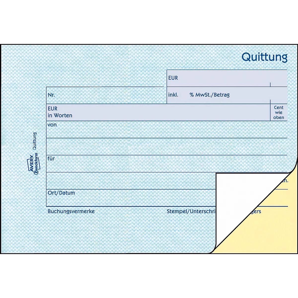 Quittung Avery Zweckform 1736, inkl. MwSt., A6 Querformat, 1 Block mit 2 x 40 Blatt, FSC®-Papier, weiß/gelb