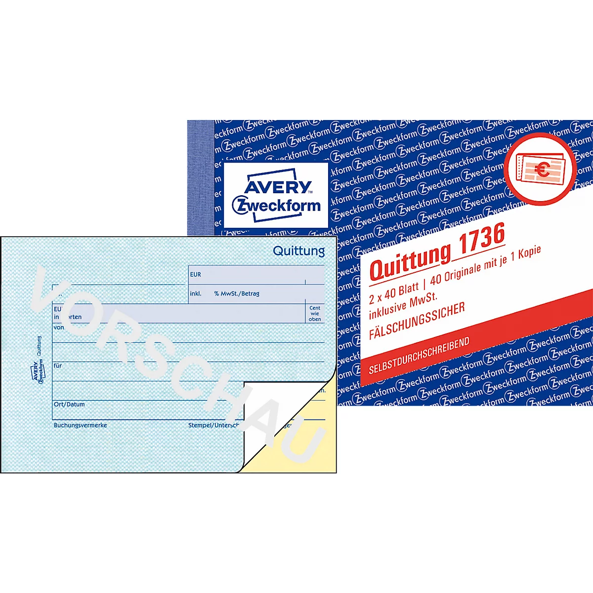 Quittung Avery Zweckform 1736, inkl. MwSt., A6 Querformat, 1 Block mit 2 x 40 Blatt, FSC®-Papier, weiß/gelb