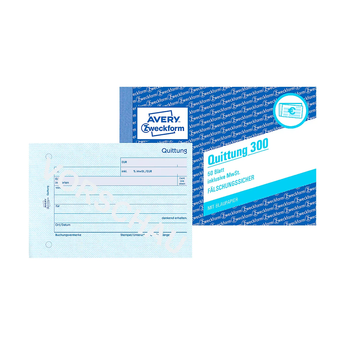 Quittung Avery Zweckform 300, inkl. MwSt., A6 Querformat, 1 Block mit 50 Blatt, FSC®-Papier, weiß