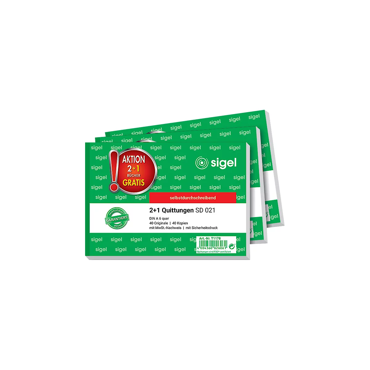 Quittungsblock Sigel SD021, A6 quer, 2 x 40 Blatt, selbstdurchschr., 2 Stck + 1 GRATIS