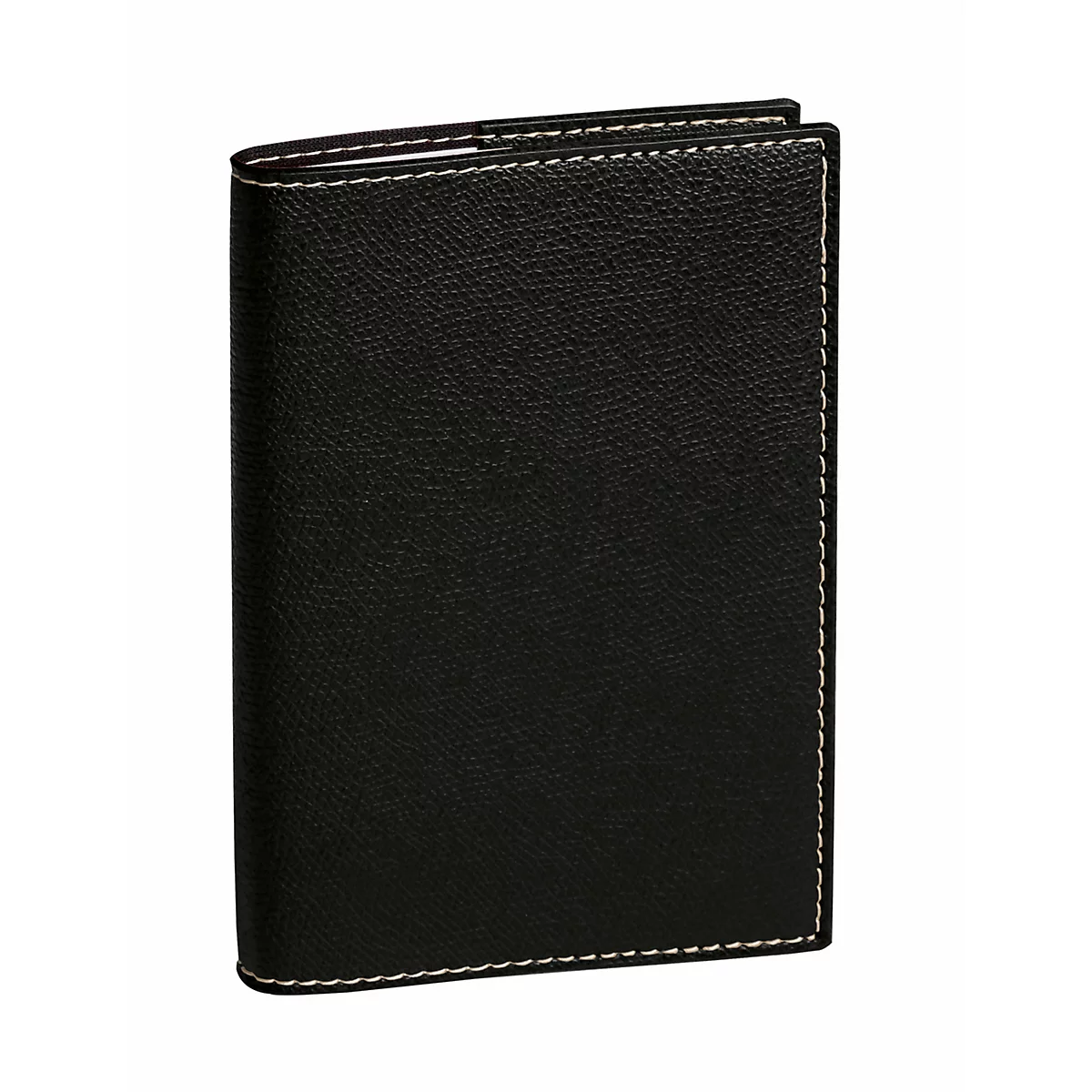 Portefeuille en cuir noir avec surpiqûres blanches. Le portefeuille est légèrement ouvert.