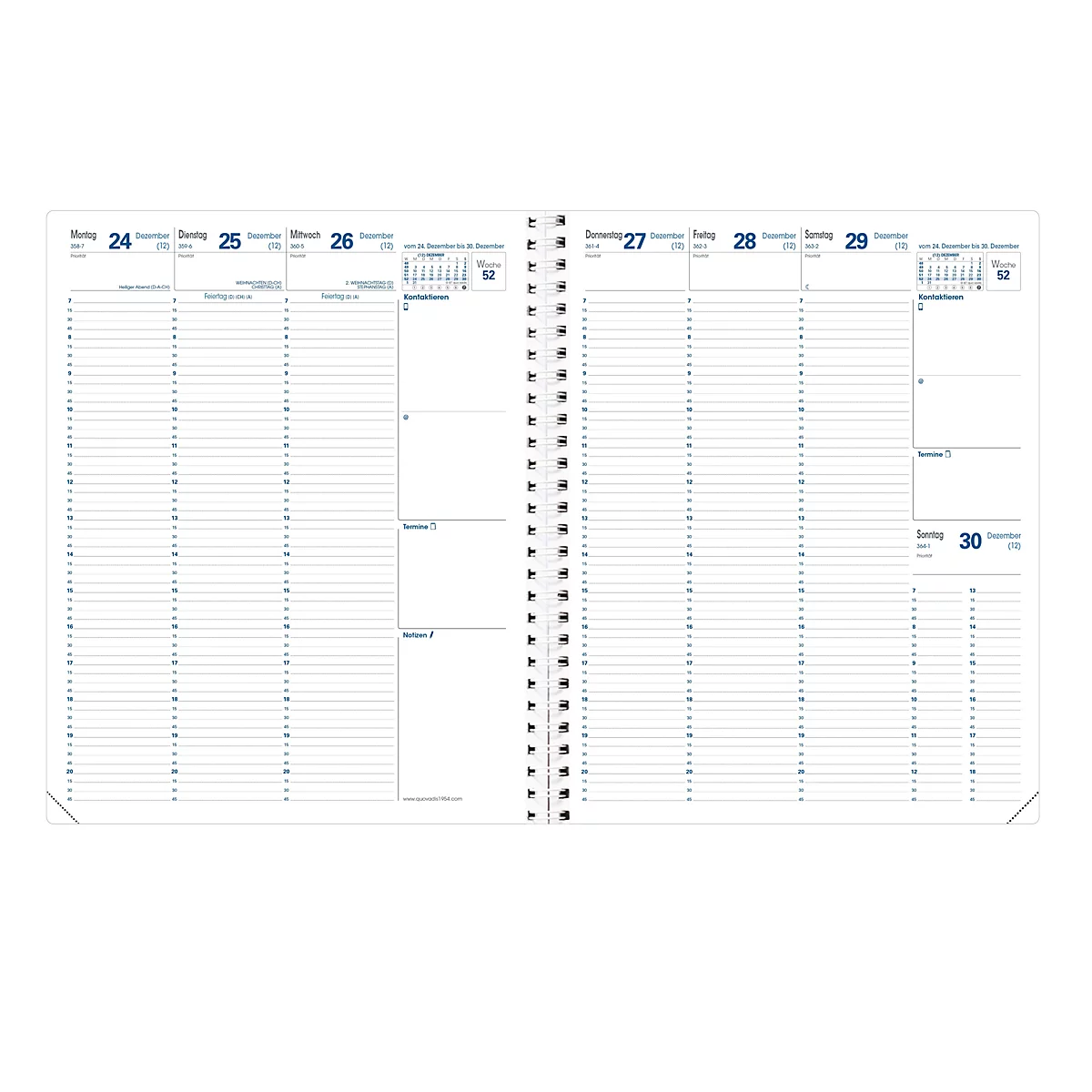 Aufgeschlagenes Notizbuch mit Kalender, blaues Schriftbild. Die Spiralbindung befindet sich in der Mitte.