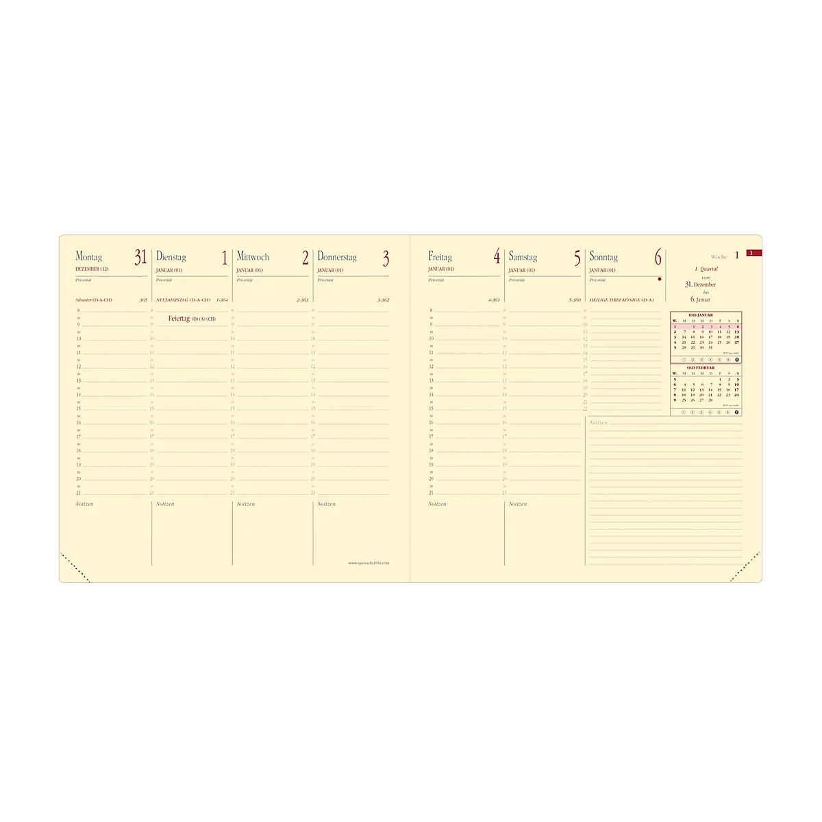 Agenda ouverte avec vue hebdomadaire, papier jaune clair. Gauche : lundi au mercredi, droite : jeudi au dimanche. Petit calendrier mensuel.