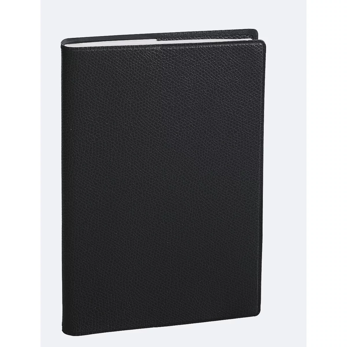 Schwarzes Leder Notizbuch, leicht schräg von oben aufgenommen. Die Seiten sind weiss.
