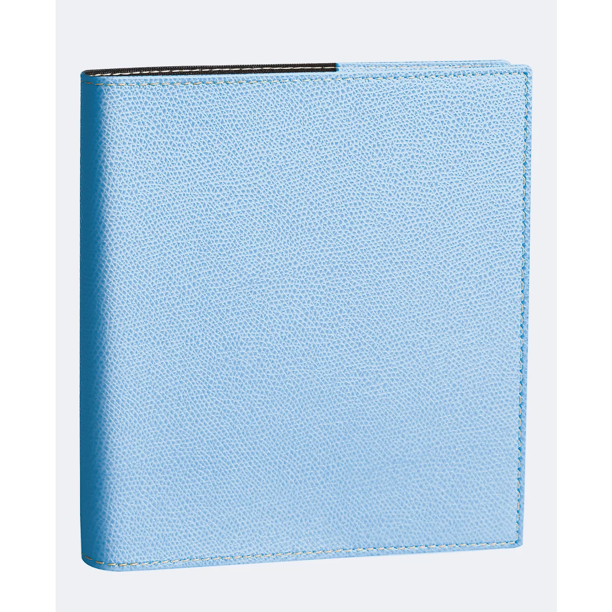 Carnet bleu clair avec une texture semblable au cuir. Bord noir en haut, cousu blanc.