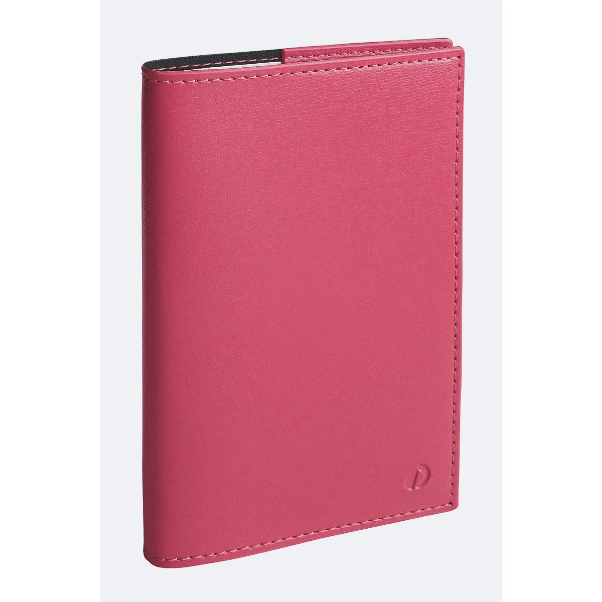 Un portefeuille en cuir rose avec des coutures claires, un bord noir et un petit logo.