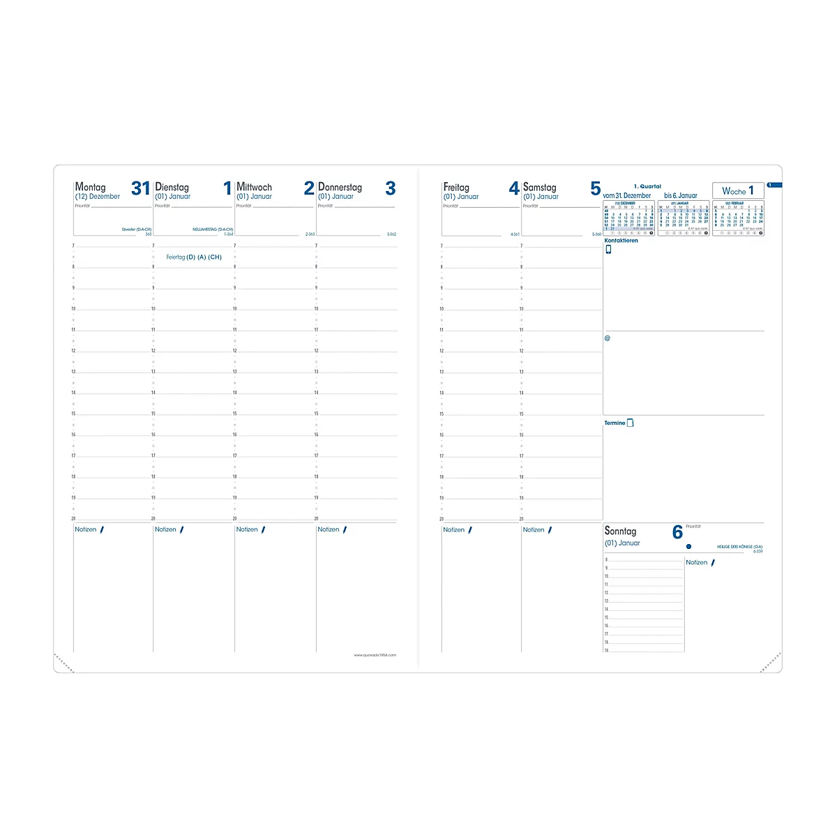 Carnet ouvert avec des pages de calendrier. Les dates sont clairement imprimées en bleu sur fond blanc.