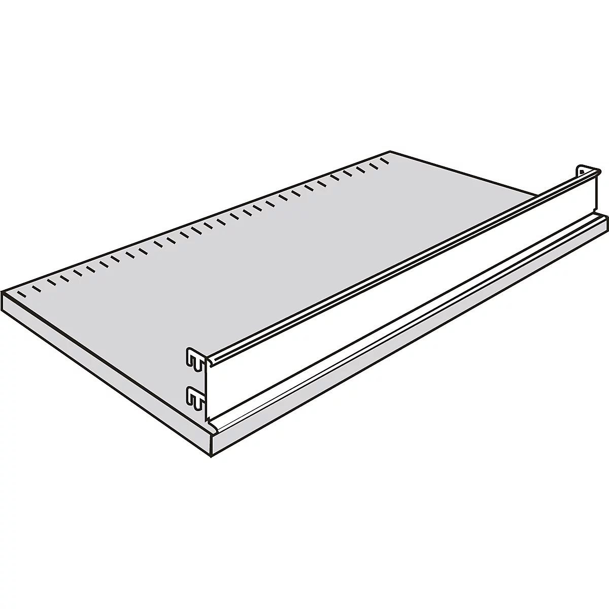 Gray shelf with row of holes and metal edge.