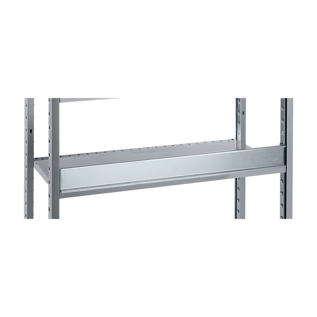 Metal shelving unit with multiple levels. Gray color, clear structures. Horizontal boards and vertical supports.