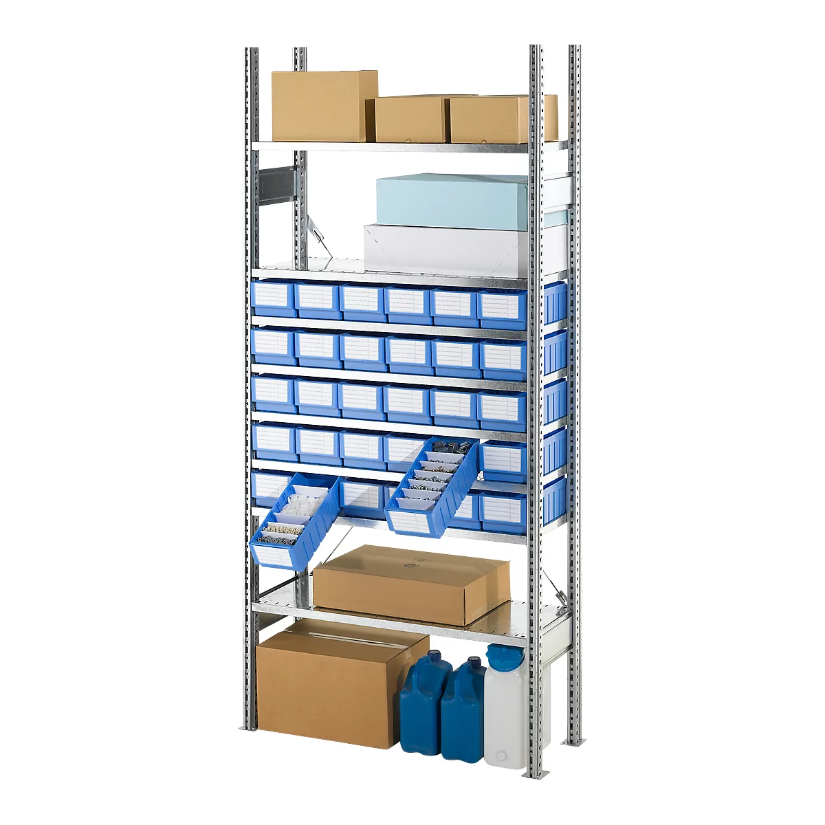 Metal rack with blue containers, cardboard boxes, and bottles. The shelves are filled with various items.